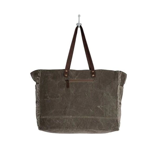Myra Bag Handmade High Trails Weekender Bag Upcycled Canvas & Cowhide Leather - Picture 6 of 14